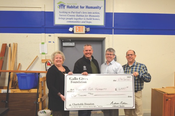 Habitat for Humanity check presentation attendees shown are (l-r) Gallo Gives Foundation committee member Margaret Iorii; Habitat for Humanity Sussex County Executive Director Kevin Gilmore; and Gallo Gives Foundation committee members Turner Hastings and Andrew Ratner.